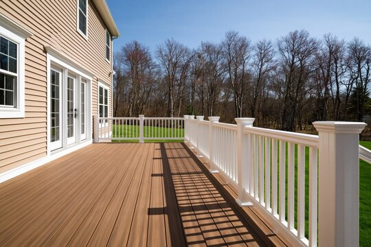 Deck patio with composite wood and vinyl railing in suburban backyard exterior home