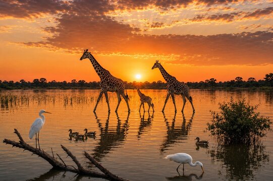 Giraffe family and white egrets