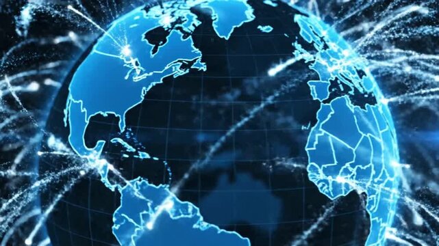 Connection blue world map loop shows animated globe with highlighted continents and network lines across the planet