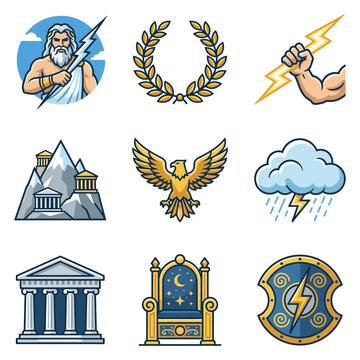 Zeus Greek god mythology icon set, ancient Olympus king vector elements