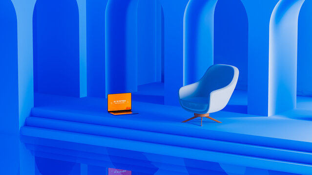 Modern blue interior with chair and laptop setup for work