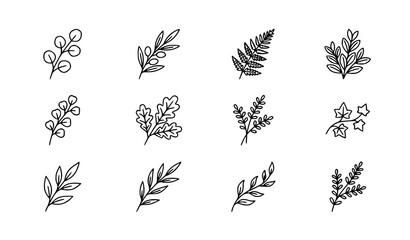 Minimal sprig with leaves vector set featuring simple botanical outline icons © Jahangir