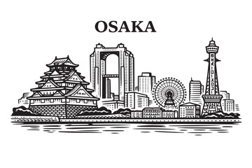 Naklejka premium Osaka City Skyline Illustration Depicting Japanese Culture and Landmarks