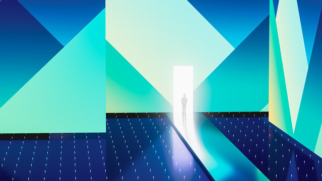 Person stands in front of glowing door in geometric space