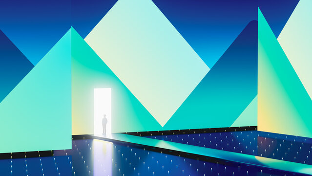 Person stands in front of glowing door in geometric space