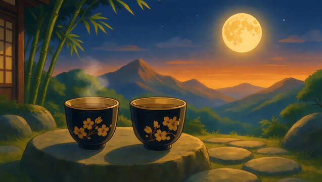 Two steaming tea cups on a stone table under a bright full moon
