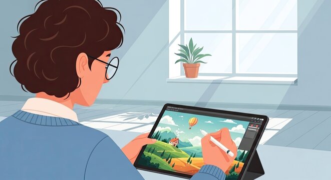 Illustrator drawing digital landscape on a tablet with stylus.