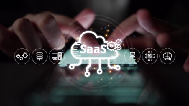 Visual representation of SaaS showing infrastructure, SaaS deployment, SaaS platform features, and SaaS integration model in digital environment. Muxer