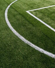 Obraz premium Closeup shot from above showing the precise geometry of the penalty arc and goal box highlighted by fresh white paint on vibrant turf.