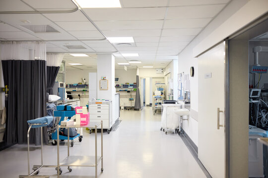 Hospital Hallway With Medical Equipment and Beds