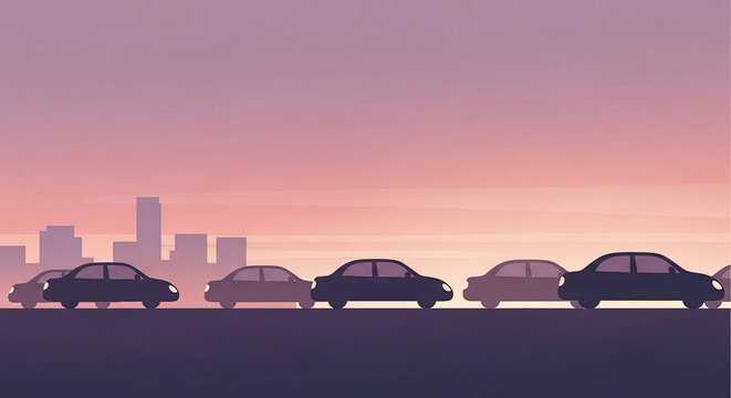 Line of cars in traffic during sunset city commute.
