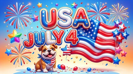 Fototapeta premium USA July 4 Banner With Bulldog Flag And Fireworks