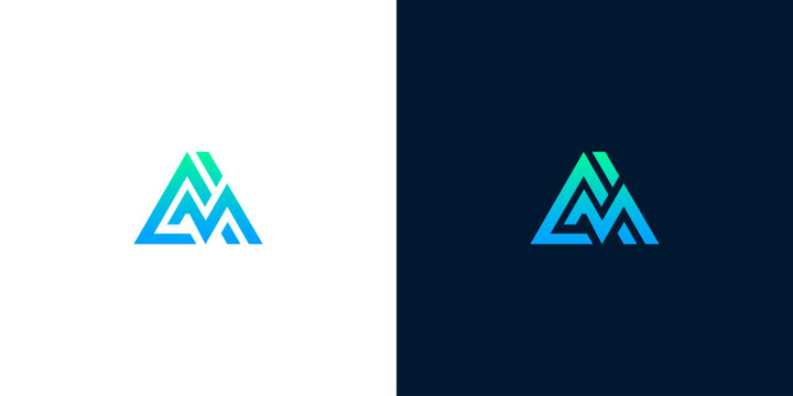 Minimalist Letter AM Triangle Monogram Logo Design Featuring Gradient Blue and Green Geometric Lines on Split Background