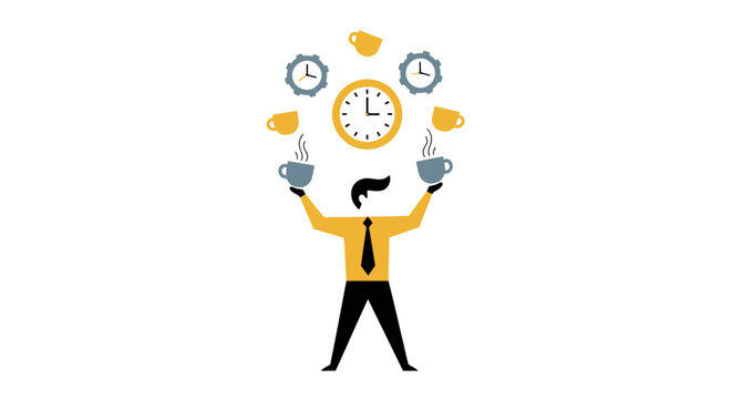 Multitasking professional juggling clocks and coffee cups