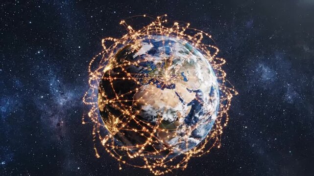 Global networking connection map showing technology and trade flows across various regions in Europe and beyond
