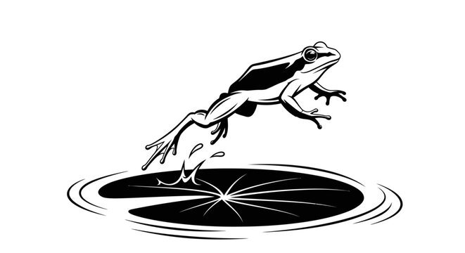 Monochrome frog leaping from a lily pad into water