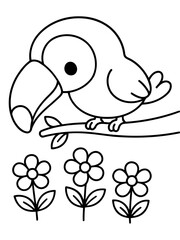 Obraz premium Cute Toucan on Branch with Flowers: A charming outline drawing of a toucan perched on a tree branch, with three simple flowers below. Perfect for coloring pages and children's themes.