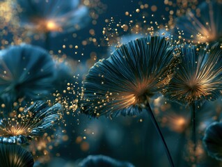 Fototapeta premium Abstract Glowing Petals in Enchanted Garden with Golden Particle Shine