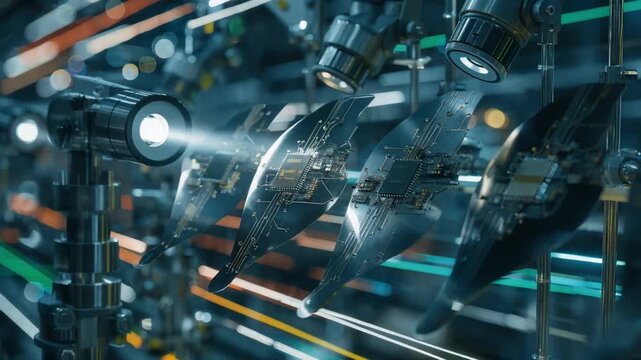 Closeup of advanced microchip detection with automated vision technology inspecting miniature circuits on blades for defects and irregularities under dynamic factory lighting.