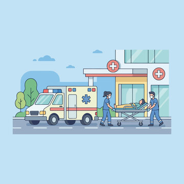 Medical professionals transport patient from ambulance to building