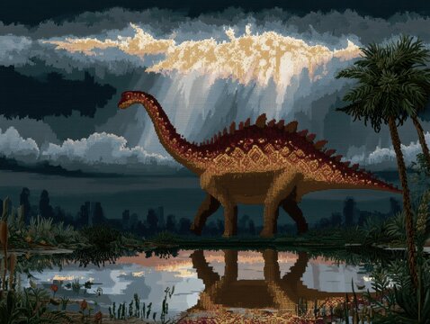 Ancient creature walk near water, cloudy sky, primal land, digital pixel art
