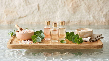 Wooden tray with essential oils and eucalyptus leaves for natura