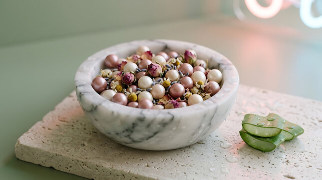 Close-up of colorful pearl-like spheres in a white bowl on a tex
