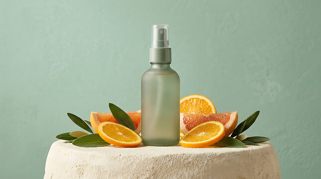 Skincare product bottle surrounded by fresh orange slices and gr