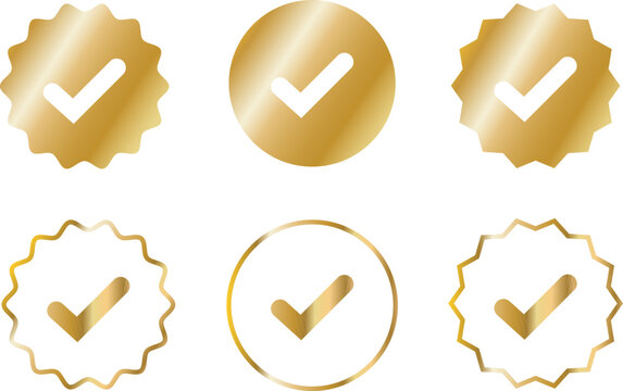 Gold Check Mark Badge Icons Set with Verification and Approval Symbols
