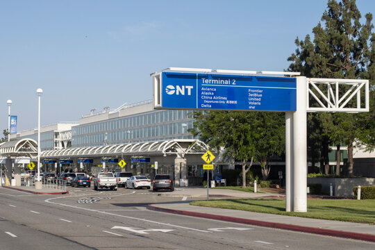 Ontario, CA, USA - May 9, 2022: Exterior view of the Ontario International Airport (ONT) terminal building. Ontario International Airport is located in San Bernardino County, California.