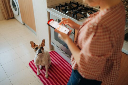 Woman ordering groceries online on smartphone in kitchen with do