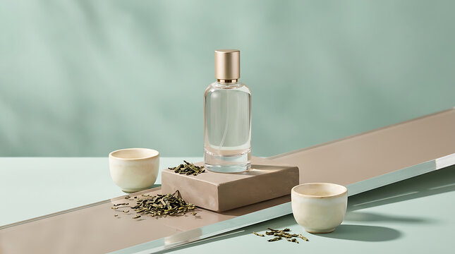 Natural wellness product display featuring glass bottle, ceramic
