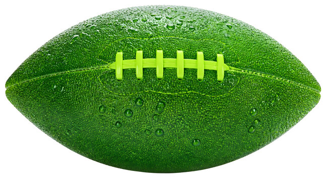 Green American Football Ball Covered in Water Droplets Ready for Game Day