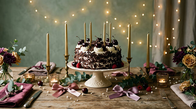 Elegant tiered cake centerpiece on a rustic wooden table with fe