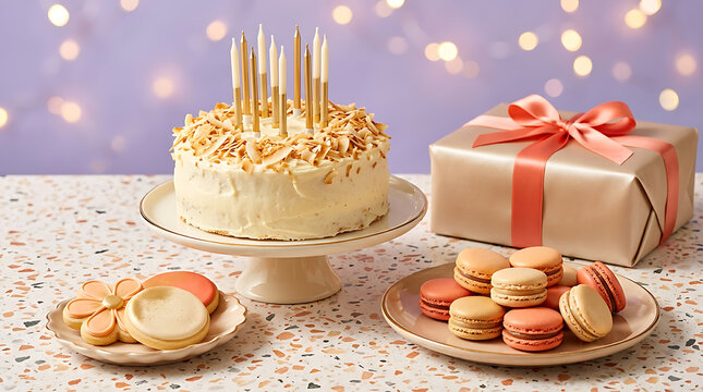 Tiered cake with macarons and a pink gift box, representing a ce
