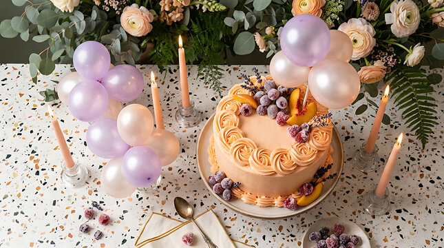 Elegant tiered cake centerpiece decorated with pastel purple bal