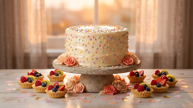 Colorful tiered cake with fruit tarts and roses for a festive ce
