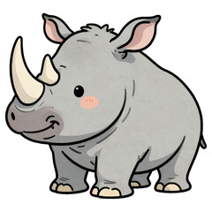 Fototapeta premium Cute Rhino Illustration: A charming, cartoon-style rhinoceros with a friendly smile and large horn is depicted in a cheerful illustration, perfect for children's books or educational material.