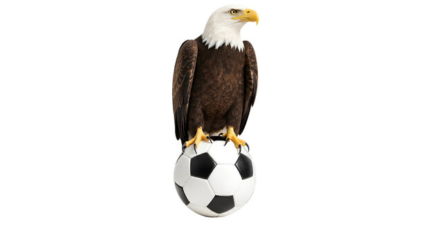 Majestic Bald Eagle Perched on Classic Soccer Ball Symbolizing Sports Prowess