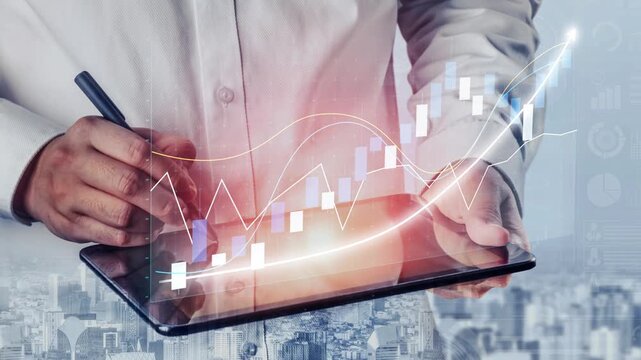 A businessman engages in data analysis on a tablet, surrounded by financial graphs and trends in a sleek office setting that conveys professionalism and modernity. Copula