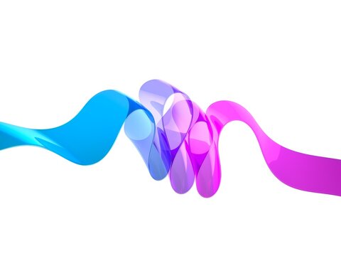 Abstract flowing glass ribbons in blue and pink on white background
