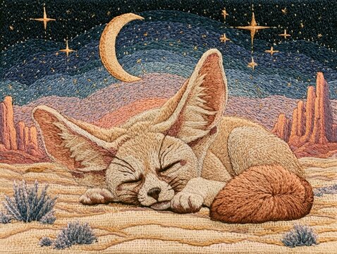 Desert Fox Sleep Under Crescent Moon and Stars Embroidery Artwork