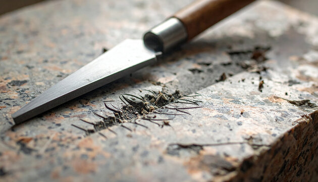 Wood carving tool with shavings on workbench