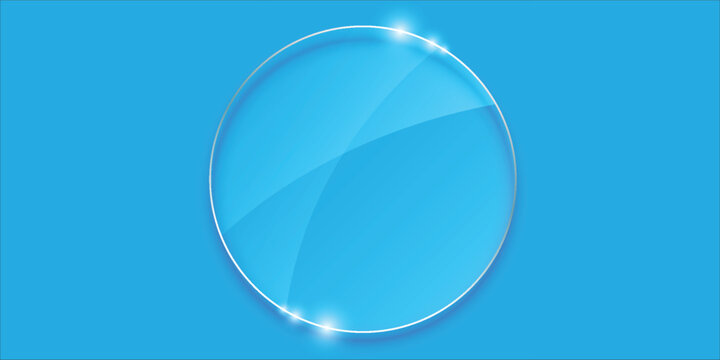 Empty glossy round glass plate badge banner with silver metallic border and sparkles on solid light blue background.