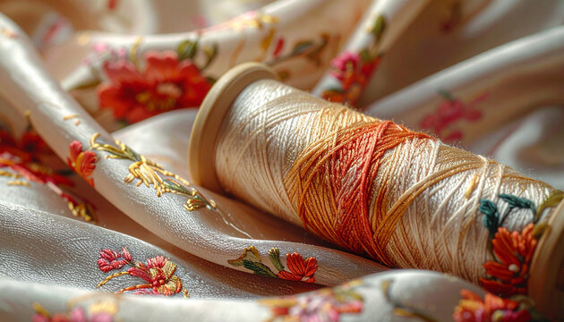 Spool of thread on embroidered fabric with floral patterns