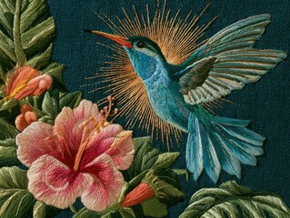 Fototapeta premium Vibrant Embroidery: Hummingbird with Flowers on Dark Teal Fabric Texture