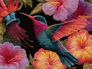 Fototapeta premium Hummingbird and Vibrant Tropical Flowers Embroidery on Black Fabric Art