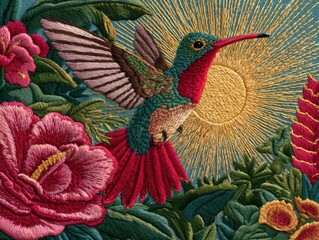 Fototapeta premium Hummingbird with Vibrant Flowers and Sun Ray Embroidery Art Design