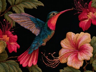 Fototapeta premium Vibrant Embroidery: Hummingbird and Exotic Blossom on Dark Background
