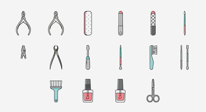 Various nail care tools and cosmetics arranged on a surface indoors